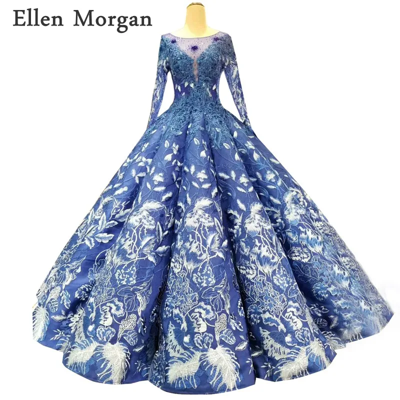 

Royal Blue Long Sleeves Wedding Dresses 2019 with Pattern Custom Made Boat Neck Corset Beautiful Elegant Vintage Bridal Gowns