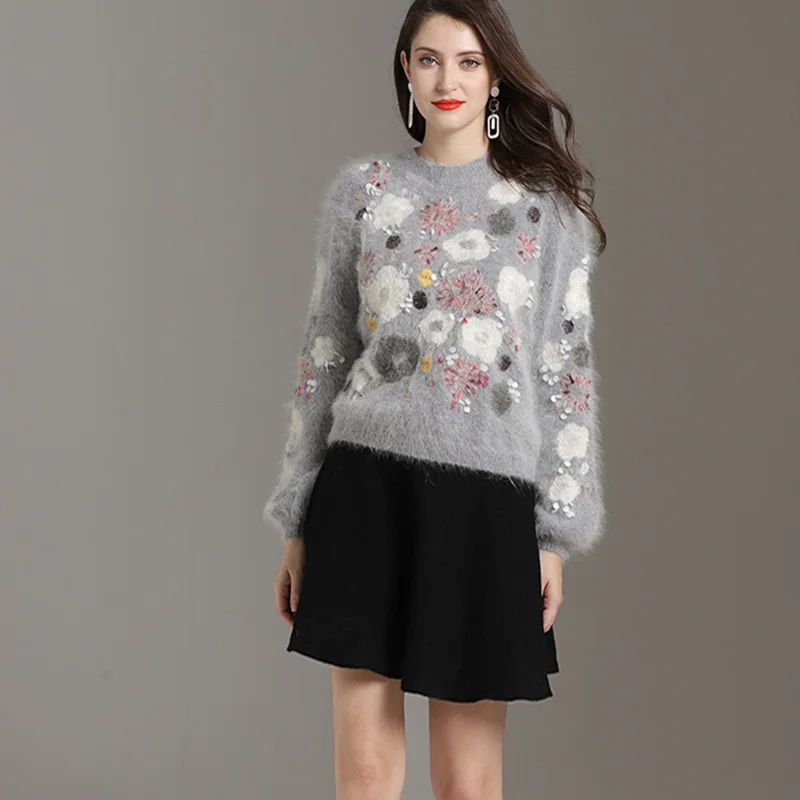 

Luxury Designer Women Winter Warm Exquisite Handmade Sequined Emboridery Mohair Knitted Wool Sweater High Quality