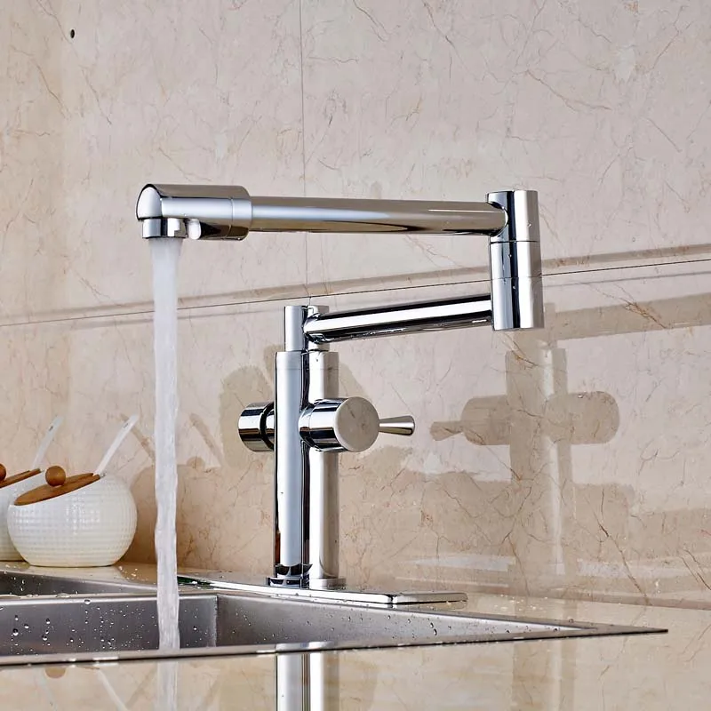 

Chrome Finished Deck Mounted Kitchen Sink Faucet Dual Handles Mxer Tap With Cover Plate