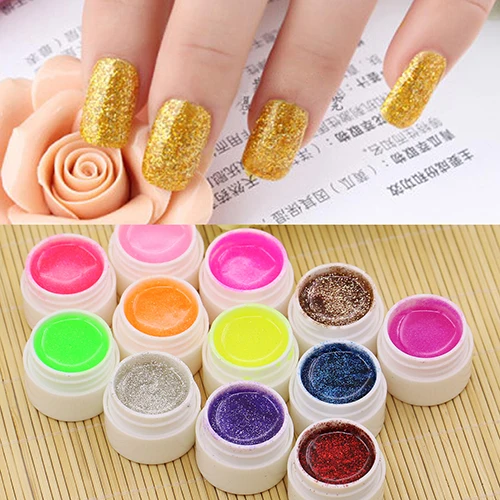 12 Смешанные Цвета Блеск Акриловые УФ Гель Строителя для Nail Art Ложные Советы
