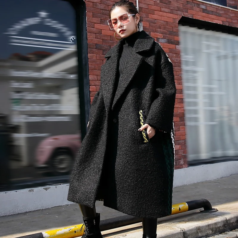 [EAM] 2019 New Spring Lapel Black Loose Large Size Thicken Back Colorful Striped Woolen Coat Women Fashion Parkas JI778