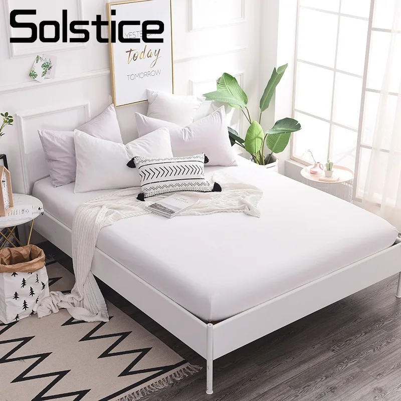 

Solstice Home Textile Bedding Fitted Sheet 100% Cotton White Solid Color Nordic Simple Bed Mattress Cover King Twin Single Linen