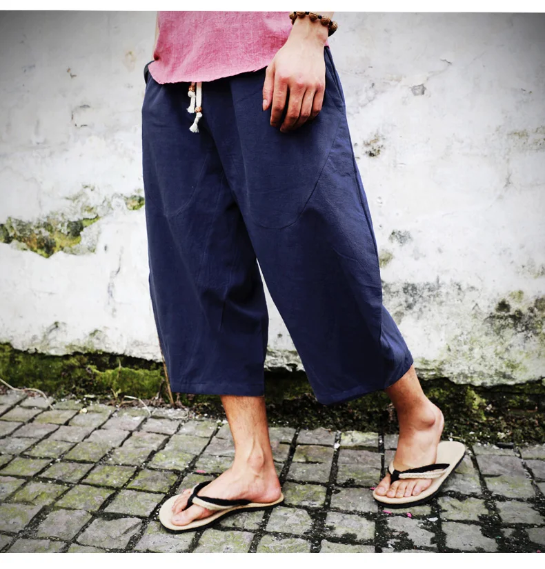 2018 Для мужчин Хлопковые льняные штаны-шаровары Японии Стиль Широкие штаны висит низко метросексуал свободные льняные Повседневное брюки