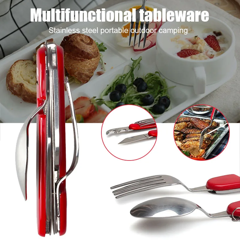 

Portable 6 in 1 Folding Camping Tableware Stainless Steel Spoon Fork Bottle Opener Travel Tableware XR-Hot