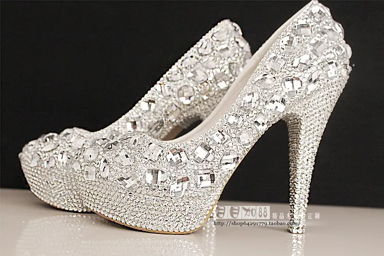 Новые женские туфли на каблуке большие размеры европейский стиль свадебные туфли женские туфли-лодочки роскошные серебристые свадебные туфли ручной работы с кристаллами 98