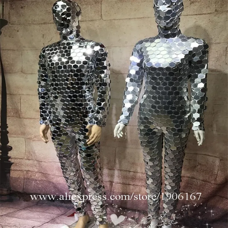 Ballroom dance men robot mirror suit women stage show costumes singer silver clothes models performance catwalk wears dj2