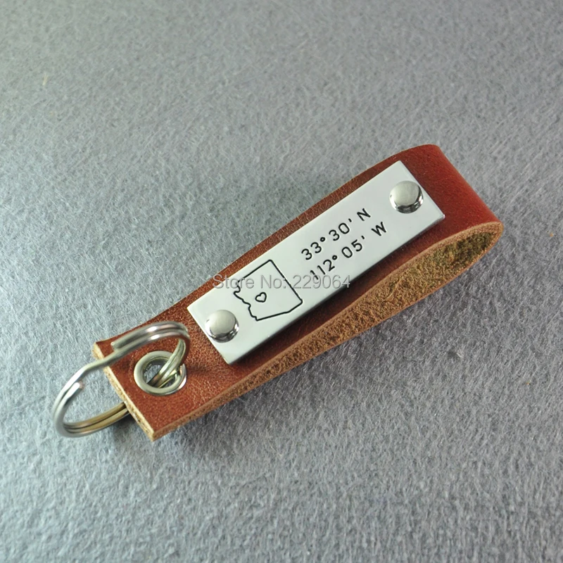 

Personalized leather key chain, Hand stamped Arizona map, customized longitude&latitude, Alloy coordinate keyring best gift