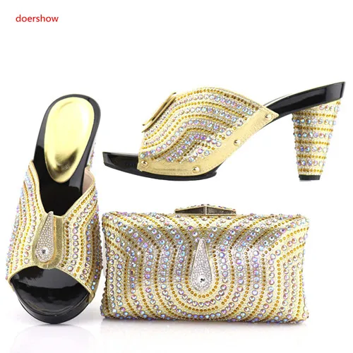 

doershow Italian gold color Shoes With Matching Bags Rhinestone High Quality shoes and bag set to match for party! HKU1-12