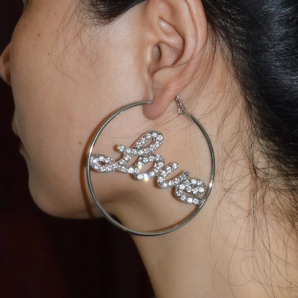 

Beautiful New Rhinestone Love Letters Hoop Earrings For Women Jewelry Fashion Night Club Lady's Statement Earrings Accessories