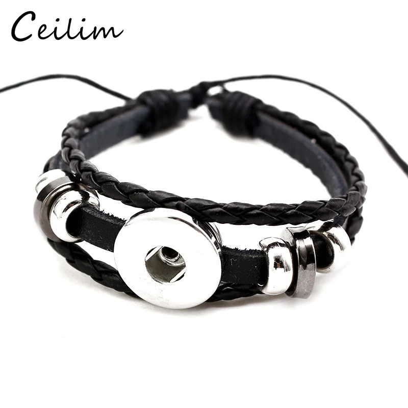 

10 Pcs/lot Black PU Leather Snap Buttons Braided Bracelet Bangle Fit 18MM Diy Bracelet For Women Men Jewelry Wholesale