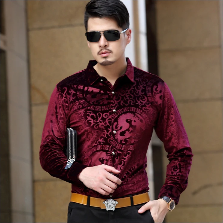 2016 Brand Clothing Men Luxury Print Shirt Mens Silk Slim Fit Shirts ...