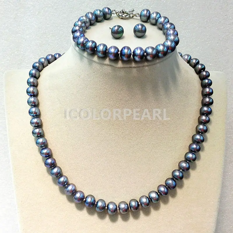

WEICOLOR Nice 7-8mm Egg Round Grey Freshwater Pearl Sets( Necklace,Bracelets and Earrings).