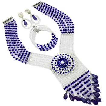 

New Fashion Royal Blue Transparent Crystal Bead Multi Strands Necklace Nigerian Wedding African Beads Jewelry Set 6C-SDLS-003
