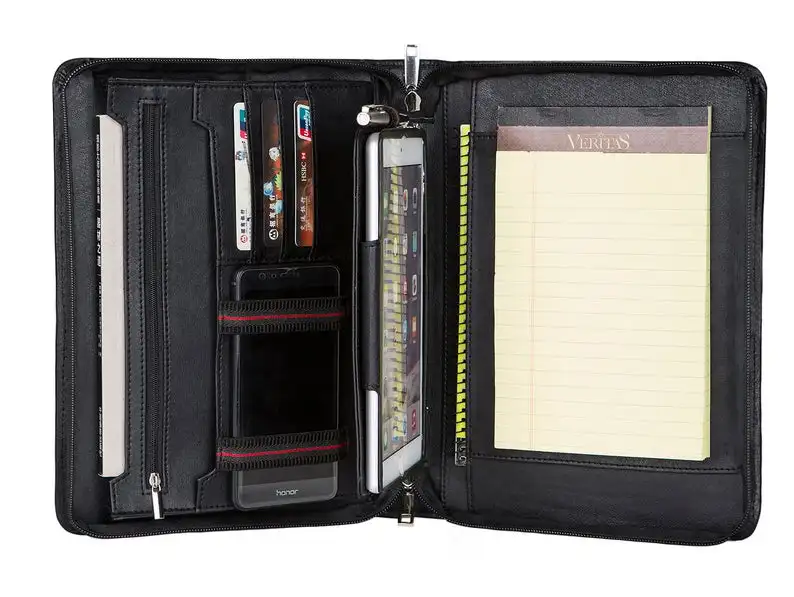

Personalized Fine Genuine Leather Portfolio Zippered Padfolio with Detachable iPad Case and 3 Ring Binder A5 Writing Pad BLACK