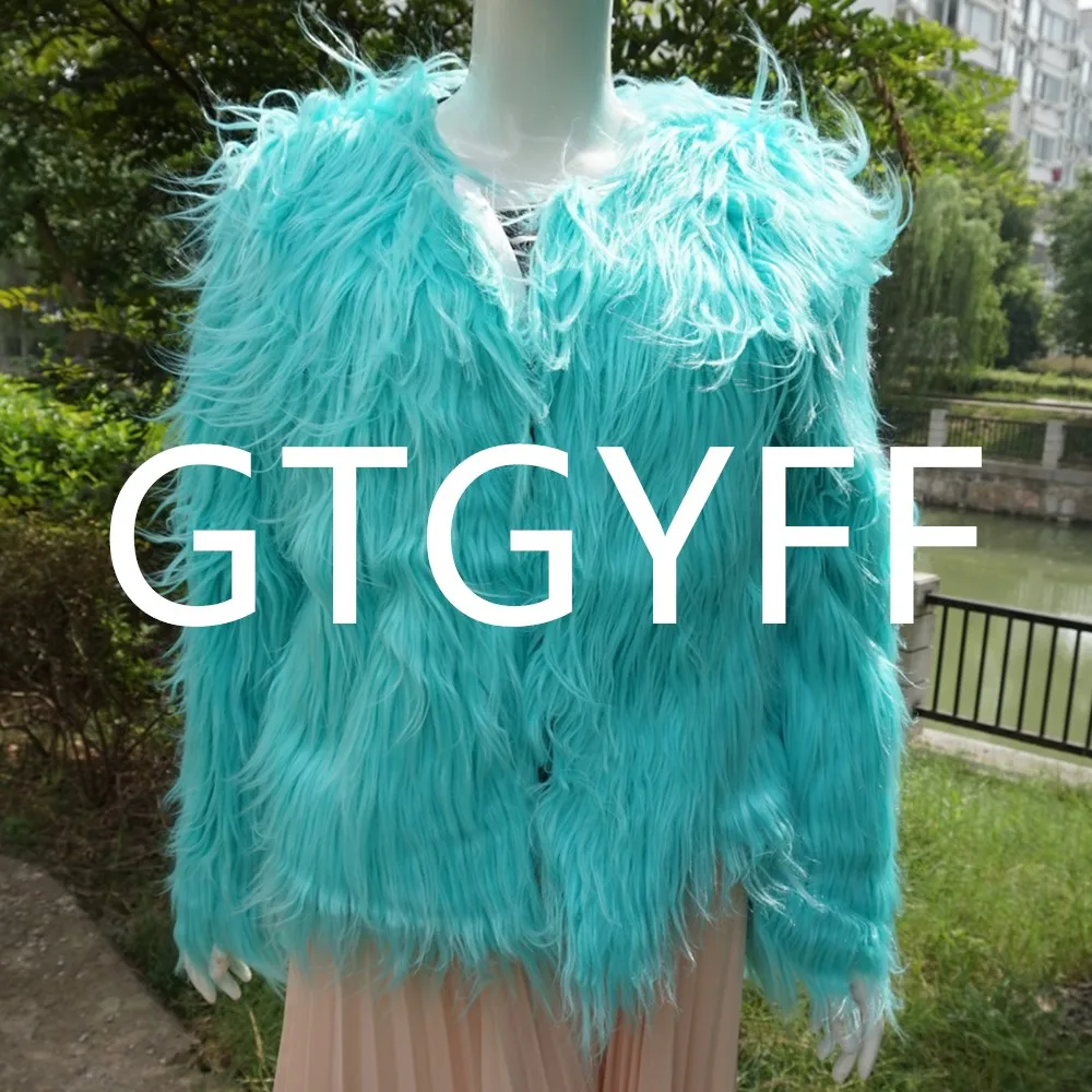 GTGYFF woman shaggy fluffy long sleeve fake faux fur jacket coat women warm garment mint green S-XXXL women's artificial coats