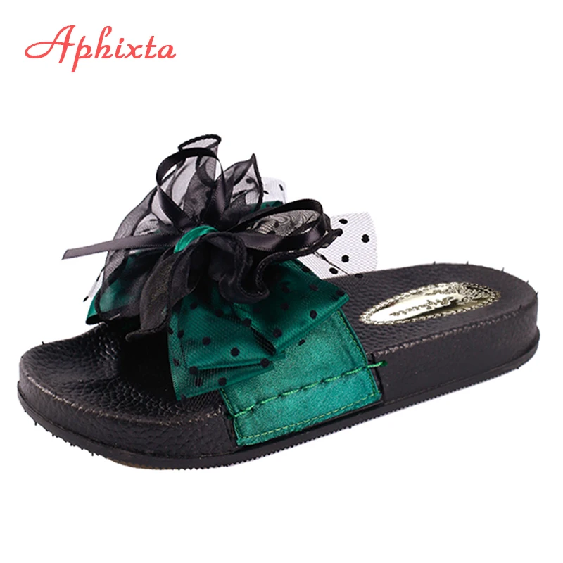 comprar Aphixta Big Size 44 Tecidos De Seda Flor Decoração Mulheres Verão Praia de Slides Salto Plana Chinelo Mulher Rihanna Bohemia Sapatos de Praia