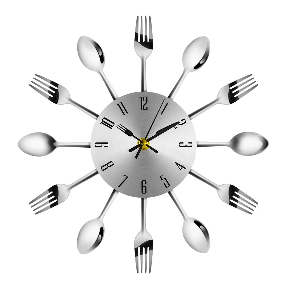 

2019 diy digital mute quartz stainless steel tableware fork spoon clock kitchen restaurant clock stickers home decoration