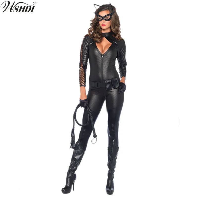 S-XXL для взрослых супер герой кошка женский костюм сексуальный черный PU лакированная кожа комбинезон клуб молния эластичный боди