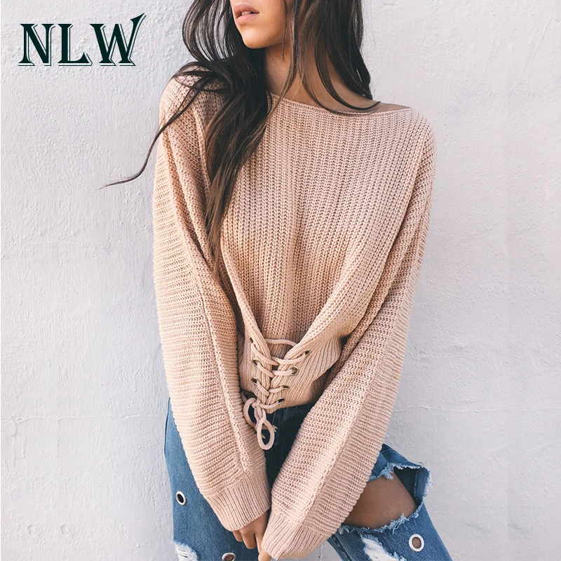 NLW الدانتيل يصل المحاصيل عارضة النساء سترة 2019 الخريف الشتاء محبوك البلوفرات طويل الأكمام يا الرقبة فضفاض البلوز أعلى ضمادة سترة
