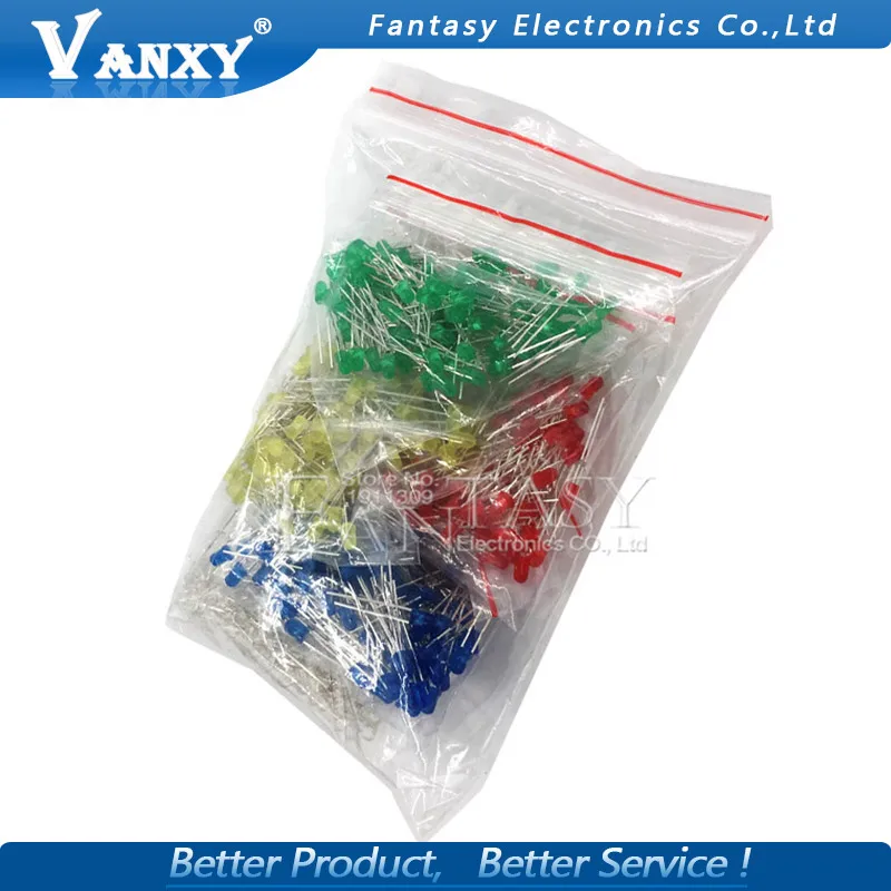 

500Pcs 3MM LED Diode Kit Mixed Color Red Green Yellow Blue White