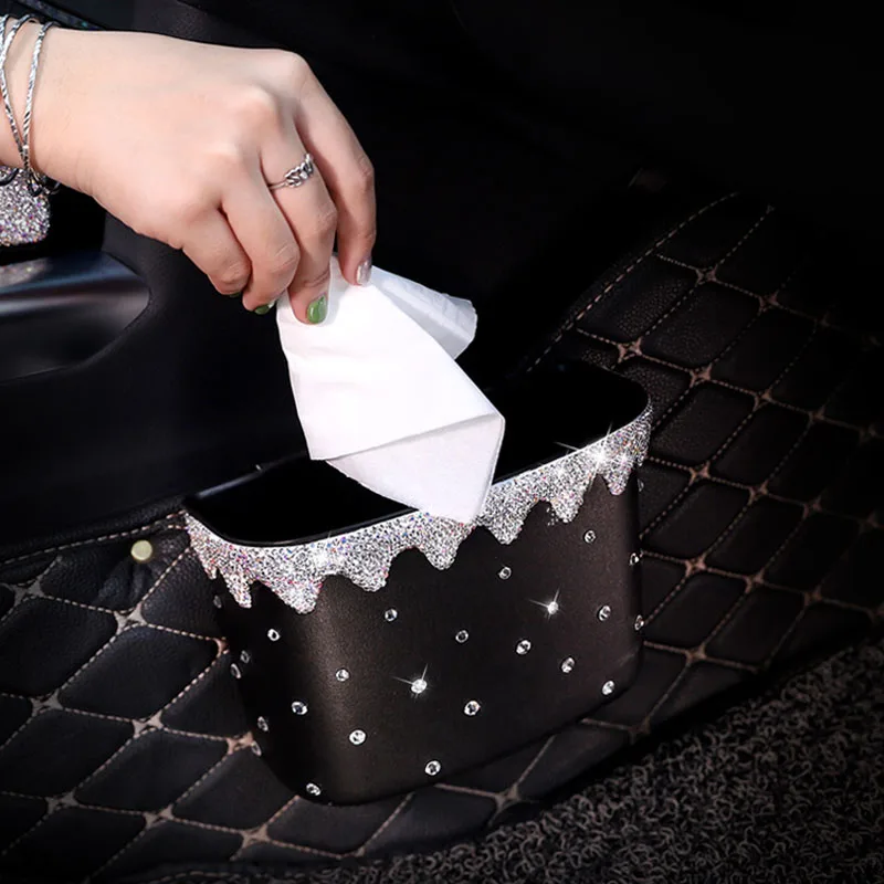 

Bling Crystal Universal Car Rubbish Bin Trash Garbage Can Dust Case Hanging Diamond Car Door Storage Barrel Box Car Accessories