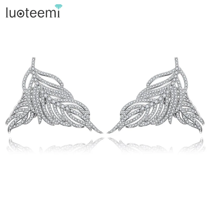 LUOTEEMI Hot High Quality AAA Cubic Zirconia Luxury White Gold Plated Double Side Big Statement Feather