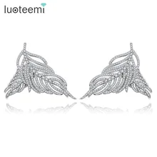 LUOTEEMI Hot High Quality AAA Cubic Zirconia Luxury White Gold Plated Double Side Big Statement Feather Stud Earrings For Women