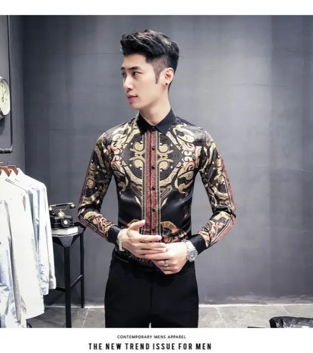 Полный рубашка мужская Новинка осени британский джентльмен, Корейская версия, мужская рубашка с принтом, тотем, большой цветок, черный-P55