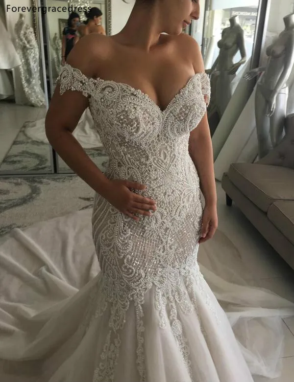 Luxury Mermaid Wedding Dresses 2019 High Quality Beadings Crystals Lace Appliques Off Shoulder Trumpet Bridal Gowns Backless  409 (3)