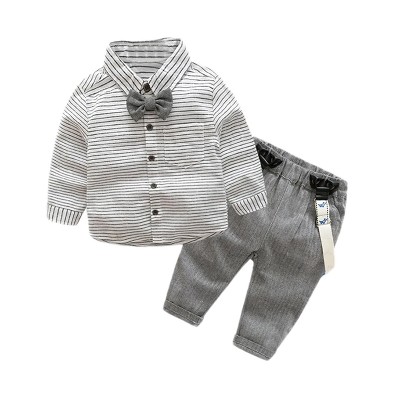 SHEIN/Детская рубашка в полоску с бантом спереди для маленьких мальчиков, консервативный комплект со штанами Детский комплект, г. Весенний Повседневный Детский костюм с длинными рукавами для мальчиков