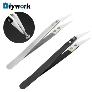 

DIYWORK 1pc Ceramic Tweezers Curved Aimed Tweezer Hand Tool High Temperature Resistance Stainless Steel Handle Repair Tool
