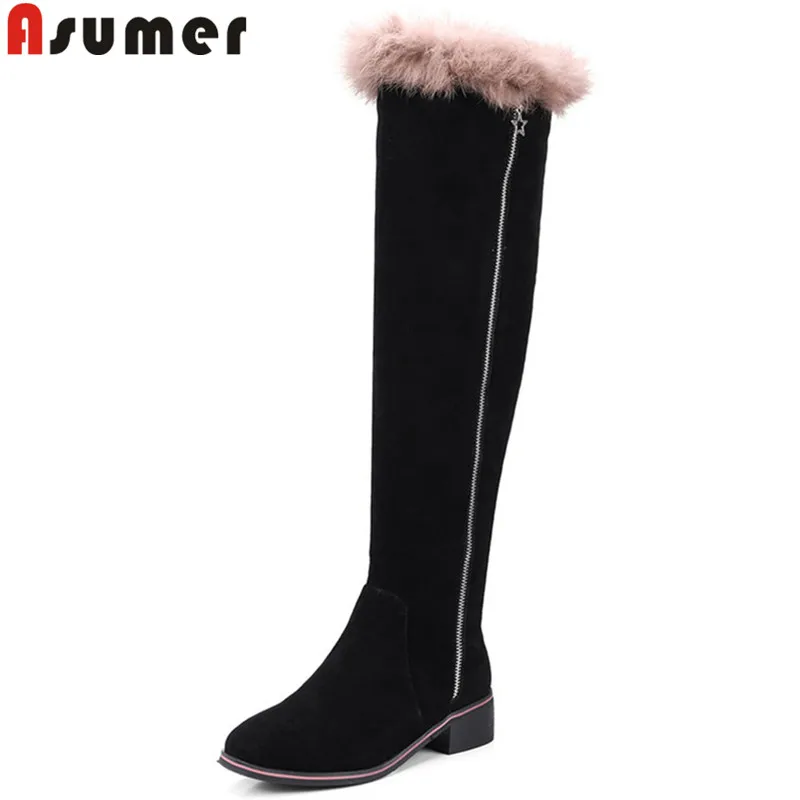 

ASUMER black gray fashion winter boots women med heels over heels shoes zip fur ladies prom thigh high boots 2018 new arrival