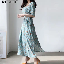 RUGOD, Новое поступление, летнее женское платье с цветочным рисунком, квадратный воротник, длина по щиколотку, тонкое, пролитое платье, корейский стиль, Modis Mujer Vestidos