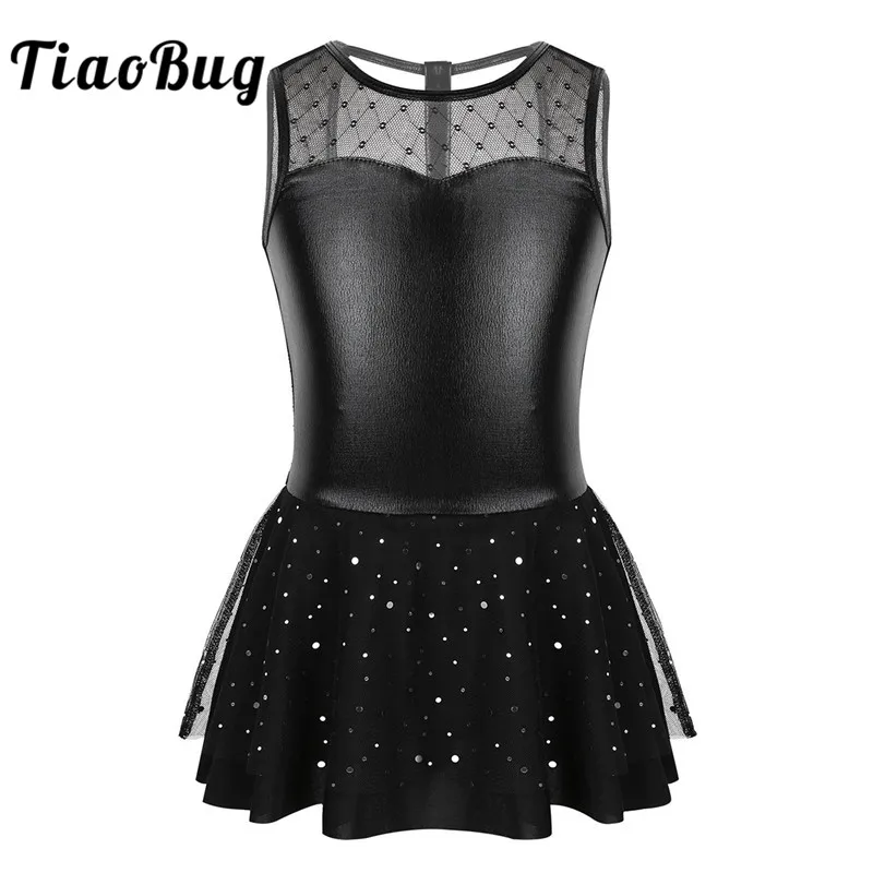 TiaoBug Kids Teens Black Metallic Mesh Splice Ballet Tutu Gymnastics Leotard Dress Children Girls Figure Skating Dance Costume |