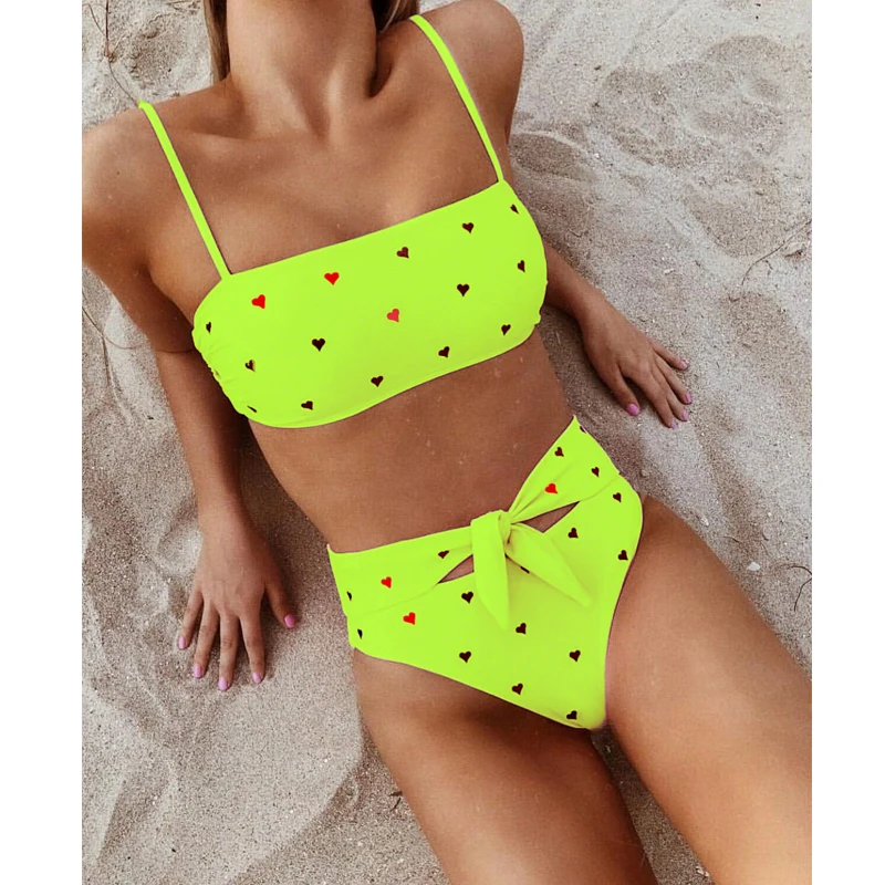 

sexy sling bikini swimwear white mayo string bikini heart-shaped printed swimsuit high waisted swimwear green bandage beachwear
