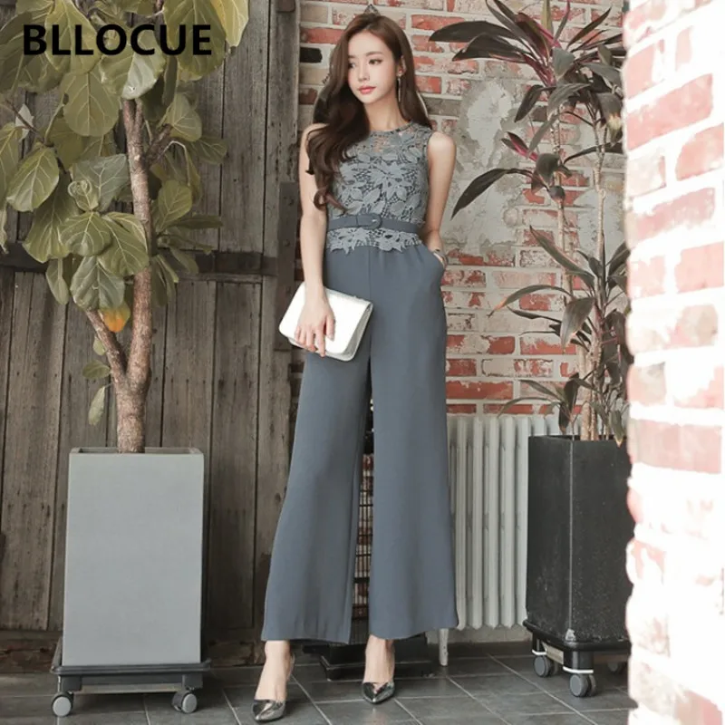 

BLLOCUE New Summer Lace Patchwork Jumpsuit Women Sexy Sleeveless Jumpsuit Elegant Slim Wide Leg Jumpsuit With Belt