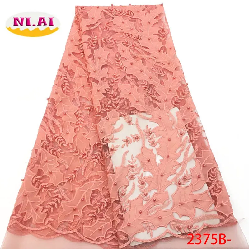 

2018 High Quality African Beaded Lace Fabrics Peach French Net Embroidery Nigerian Tulle Lace Fabric For Wedding Dress XY2375B-1