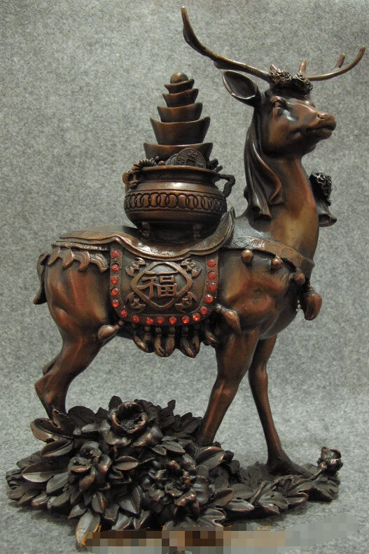 

11INCH Chinese Pure Bronze Fu Animal Wapiti Deer Carry Wealth Bowl Cornucopia Statue