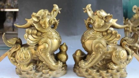 

RHS0165 11" Chinese Bronze Wealth Money Yuanbao PiXiu kylin Chi-lin Unicorn Statue Pair