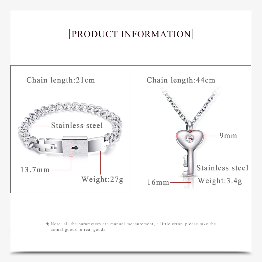 Модные парные Ювелирные наборы для влюбленных, нержавеющая сталь, браслет с замком в виде сердца, браслеты, подвеска в виде ключа, ожерелье, набор для пар