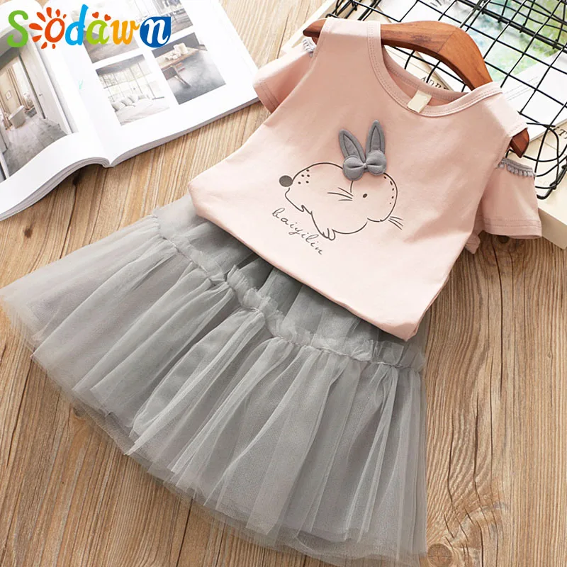 Sodawn Summer Brand Fashion Girls Clothes Cartoon Rabbit T-shirt+ Mesh Dress 2pcs Cute Children Clohting Baby Clothing