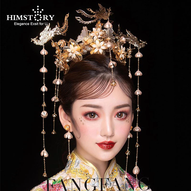 HIMSTORY роскошные свадебные винтажные китайские аксессуары для волос с павлином свадебный головной убор Золотая тиара феникс корона украшения для волос