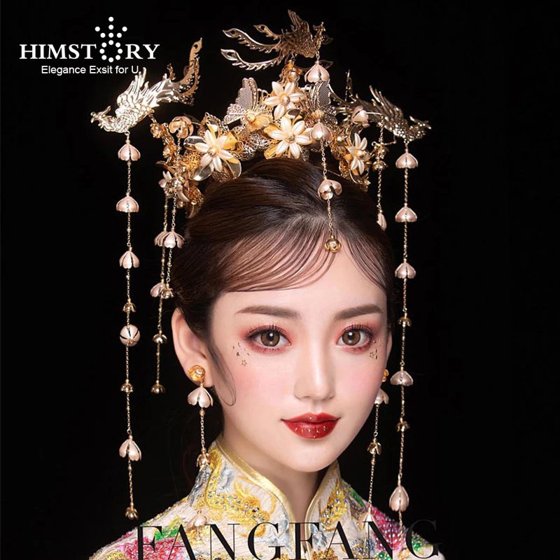 

HIMSTORY Luxury Wedding Bride Vintage Chinese Peacock Hair Accessories Bridal Headdress Gold Phoenix Tiara Crown Hair Jewelry