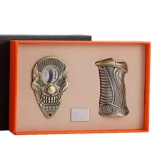 JiFENG ветрозащитная многоразовая Бутановая Зажигалка с тройным струйным пламенем и череп стильный значок сигары резак с подарочной коробкой