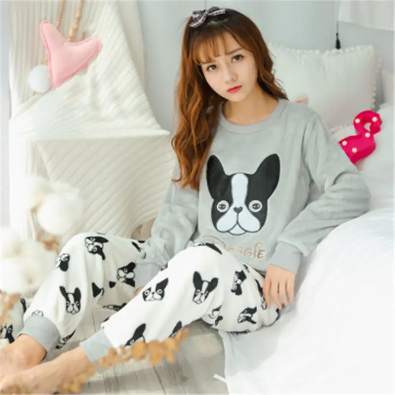 

Women's Pajama Set Sweet Star Pattern O Neck Long Sleeve Pocketed Flannel Home Suit Pajamas Thickened Warm Coral Fleece Pyjamas