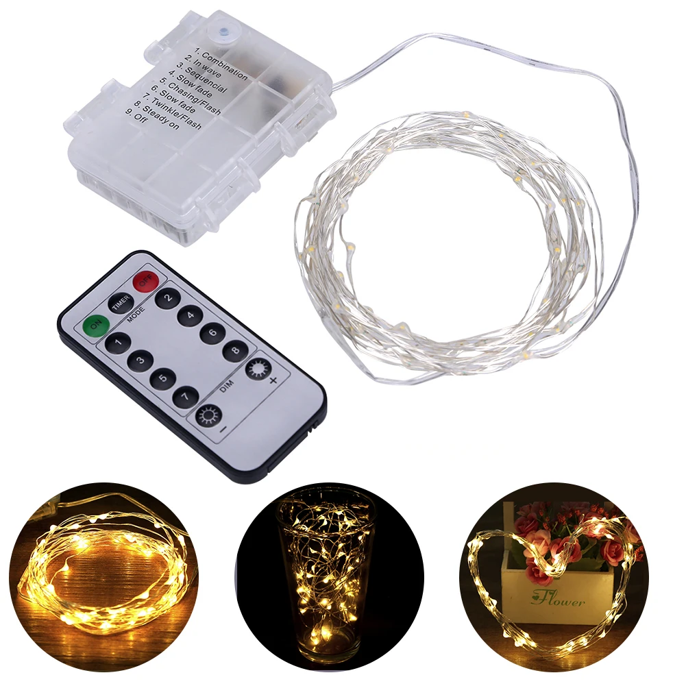 33Ft 8 Modes Waterproof Warm White Battery Operated LED String Lights