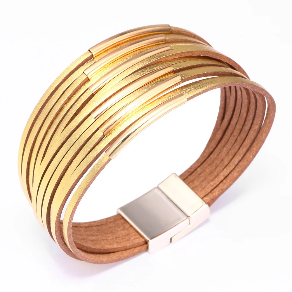 

Kirykle metallic conduit Gold Color Leather Bracelets For Women 2018 Fashion Boho Multilayer Wide Wrap Bracelet Jewelry