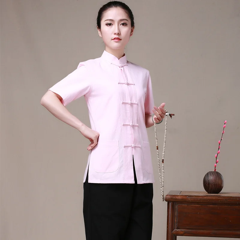 Женская одежда для кунг-фу, Костюм тайцзи, женский костюм Тан с коротким рукавом, китайский традиционный стиль, рубашка