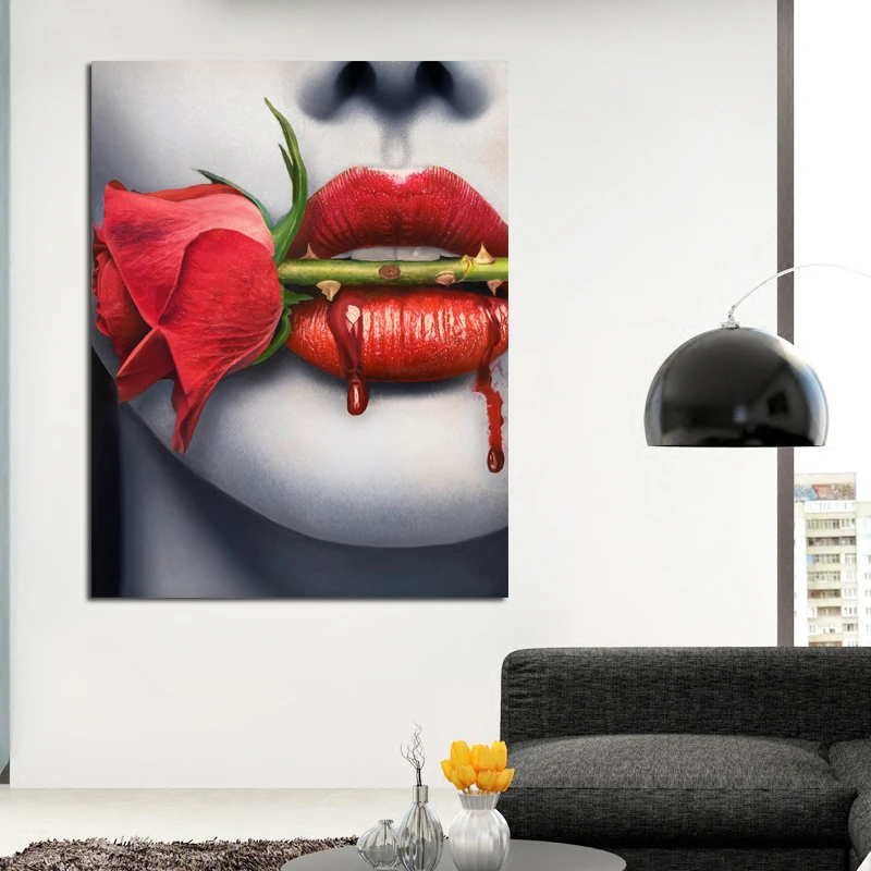 Самоотверженные декоративные картины на холсте сексуальный рот крови с красными розами настенные картины печать на холсте для девичьей комнаты