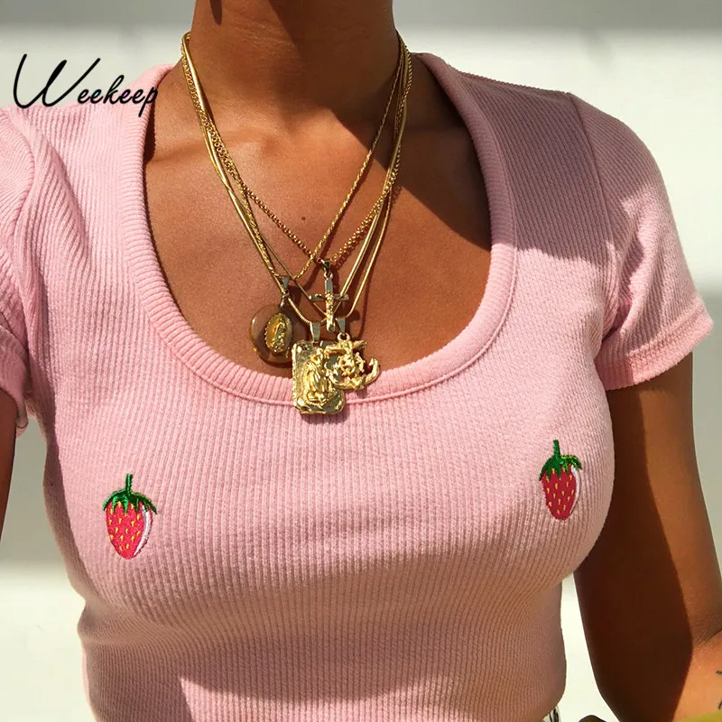 

Weekeep Cropped Embroidery Bodycon t shirt Women Pink Knitted O-neck Short Sleeve t-shirt 2019 Summer Casual Crop Top